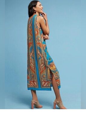 AKEMI + KIN Anthropologie SILK print maxi dress SIZE 6 orange teal earth tones